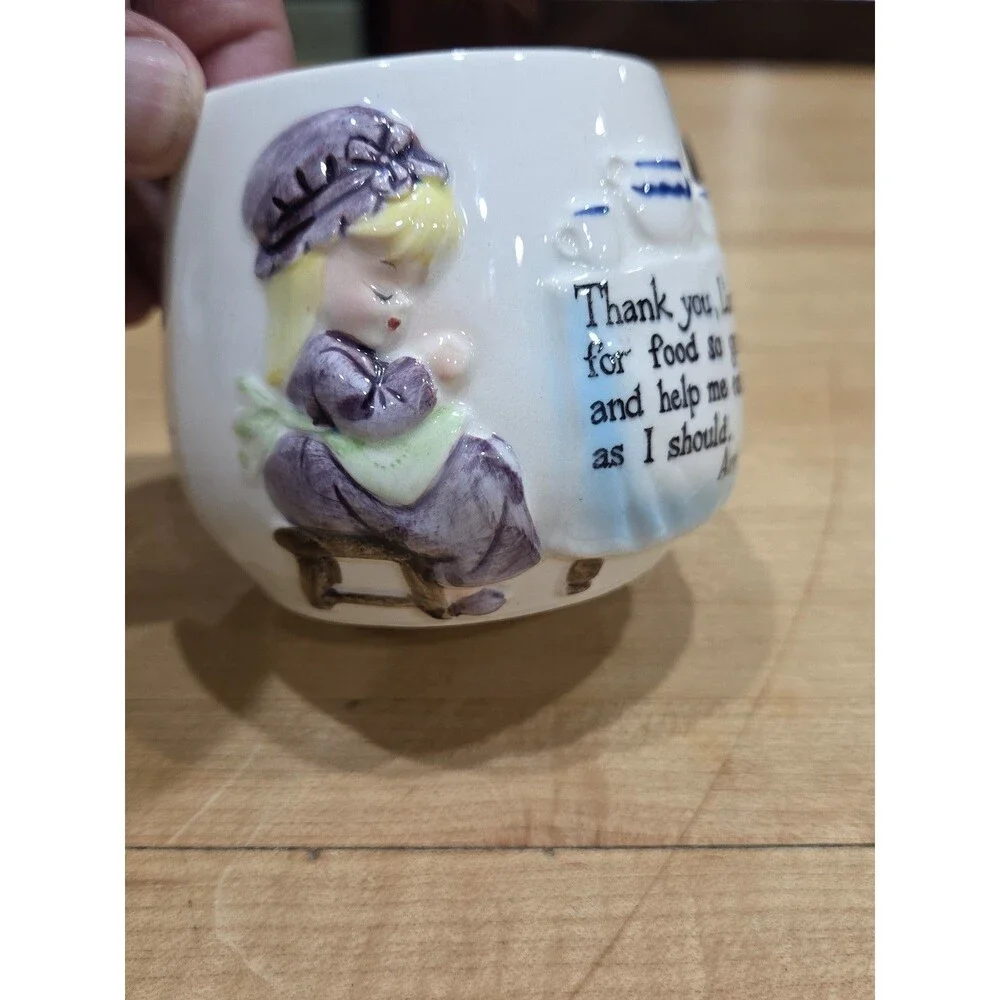 Vintage Enesco Ceramic Childrens Dinner Prayer Mug Girl in Bonnet